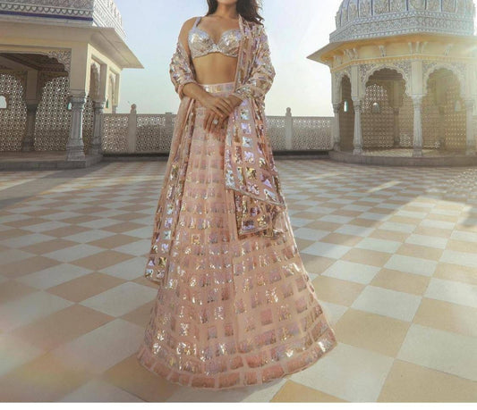 Alluring Peach Color Wedding Wear Sequence Work Georgette Lehenga Choli