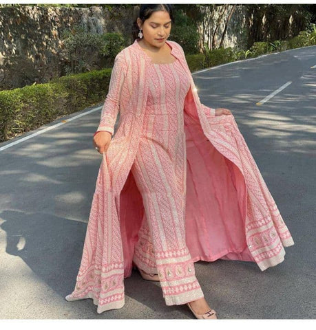 Enamoring Pink Color Festive Wear Georgette Sequence Chine Work Indo Western Suit