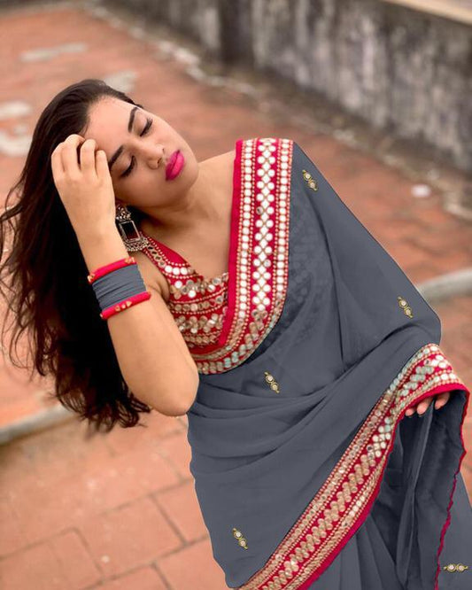 Adorable Grey Color Function Wear Georgette Designer Embroidered Plastic Mirror Diamond Work Fancy Designer Saree Blouse