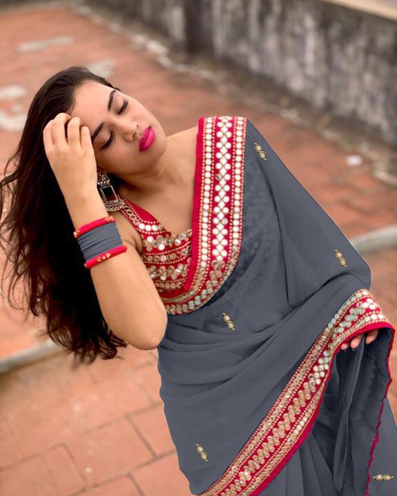 Adorable Grey Color Function Wear Georgette Designer Embroidered Plastic Mirror Diamond Work Fancy Designer Saree Blouse