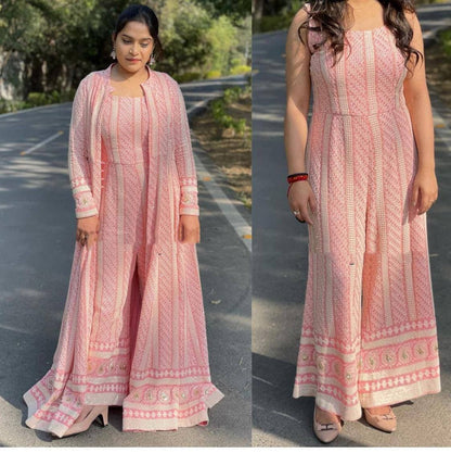 Enamoring Pink Color Festive Wear Georgette Sequence Chine Work Indo Western Suit