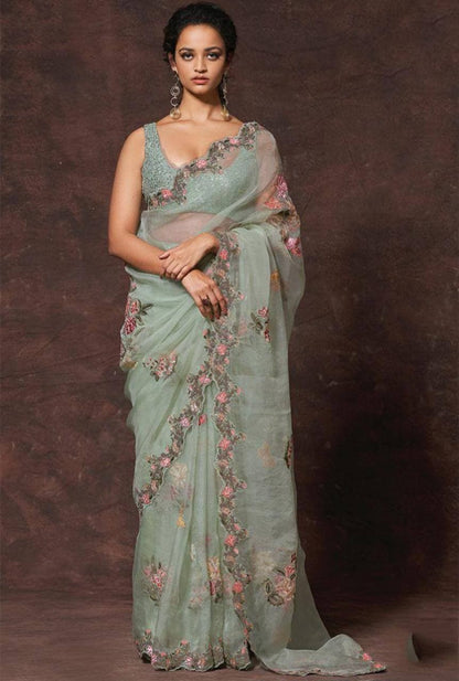 Glamorous Sea Green Color Chine Stitched Work Party Wear Organza Saree Blouse