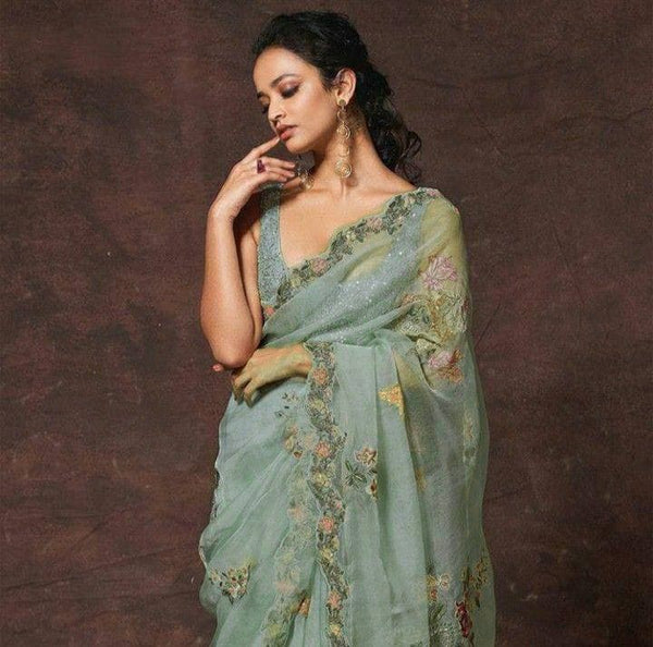 Glamorous Sea Green Color Chine Stitched Work Party Wear Organza Saree Blouse