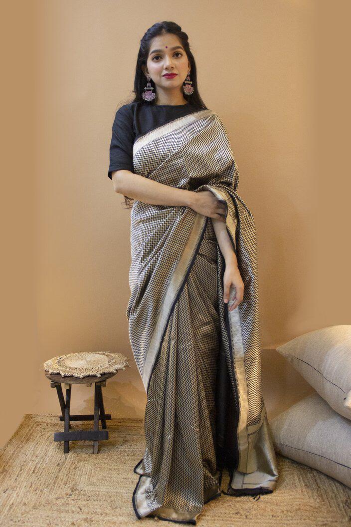 Wondrous Black Color Jacquard All Over Work Lichi Silk Designer Saree Blouse For Wedding Wear