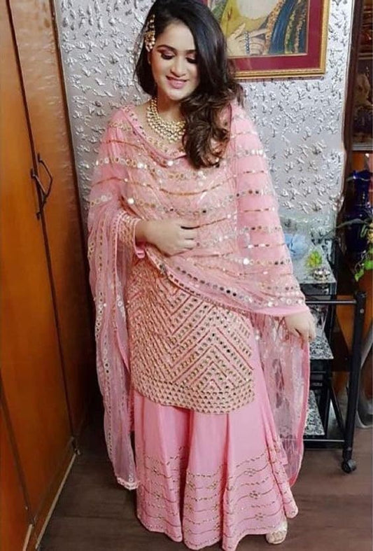 Absolute Pink Color Mirror Embroidered Work Georgette Salwar Suit