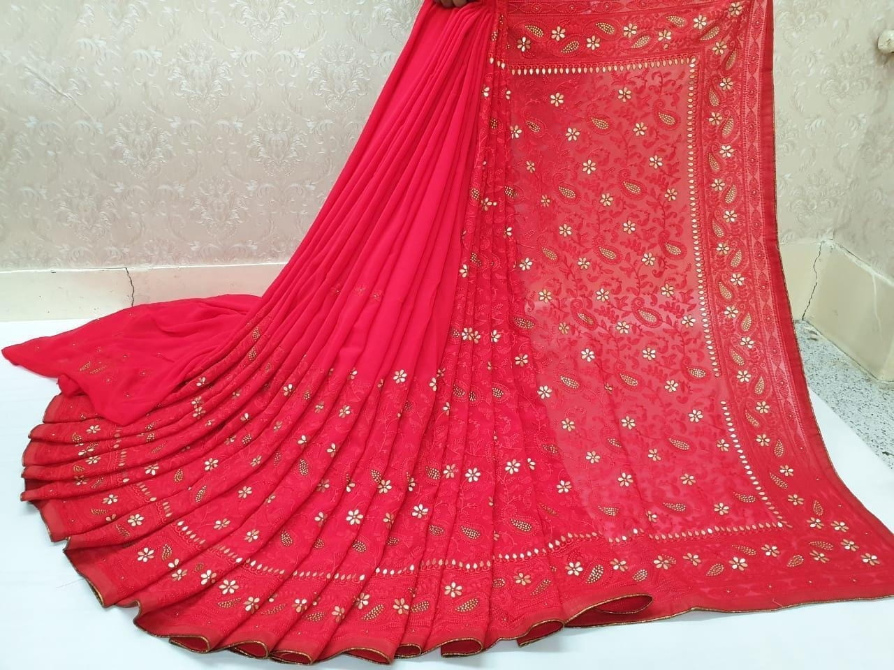 Astounding Red Color Designer Georgette Diamond Chain Embroidered Work Fancy PipingBanglori Patta Designer Saree Blouse For Party Wear