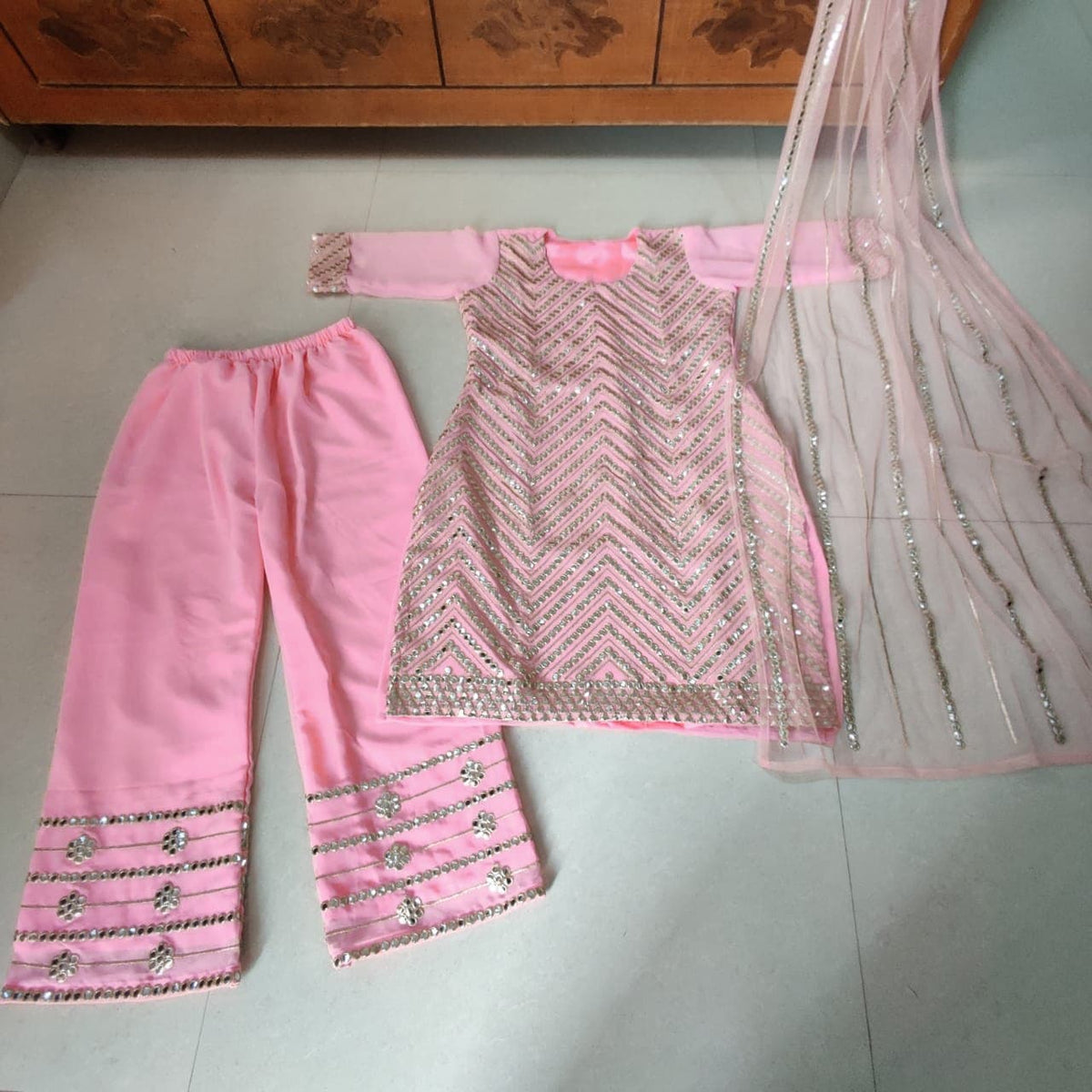 Absolute Pink Color Mirror Embroidered Work Georgette Salwar Suit