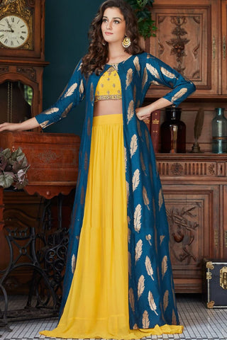 Terrific Blue Color Party Wear Georgette Chine Embroidered Work Indo Western