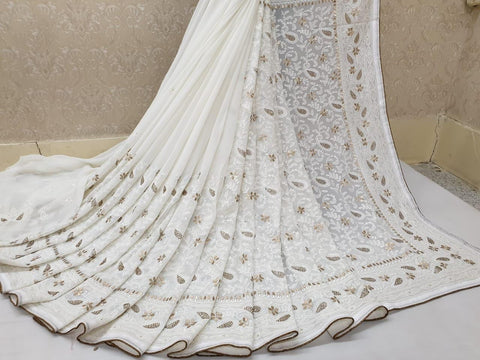 Staggering White Color Wedding Wear Fancy Piping Banglori Patta Diamond Chain Embroidered Work Designer Saree Blouse for women