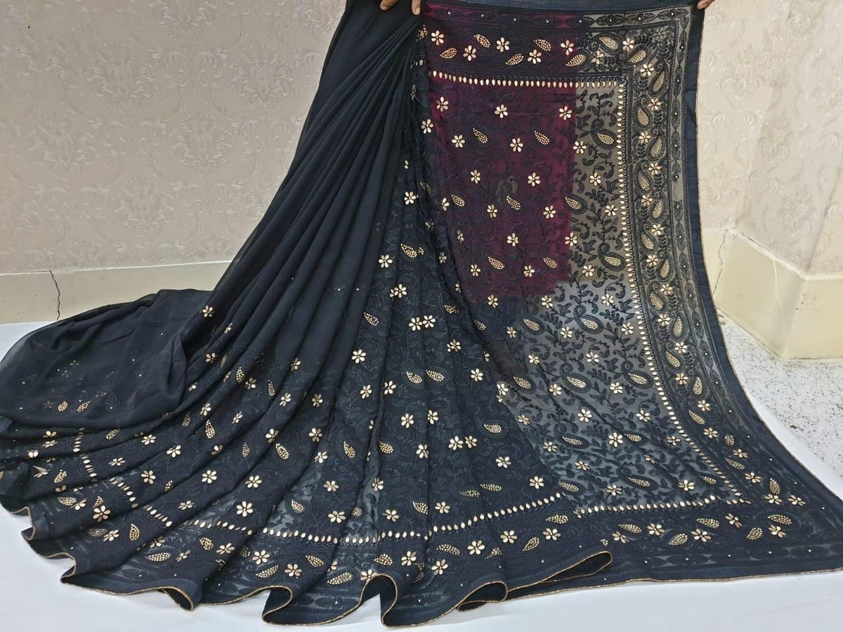 Breath taking Black Color Designer Diamond Chain Embroidered Work Banglori Patta Piping Designer Saree Blouse For Function Wear