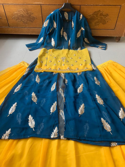 Terrific Blue Color Party Wear Georgette Chine Embroidered Work Indo Western