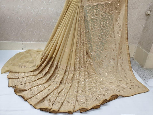 Surpassing Cream Color Occasion Wear Georgette Embroidered Chain Diamond Work Piping Banglori Patta Designer Saree Blouse