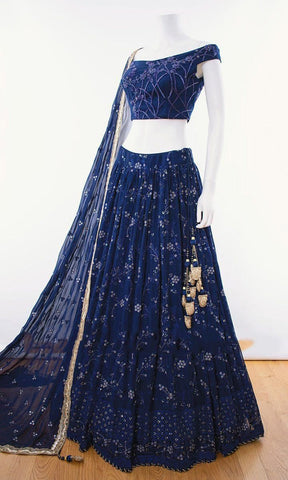 Magnetic Navy Blue Color Occasion Wear Georgette Chine Stitched Work Lehenga Choli