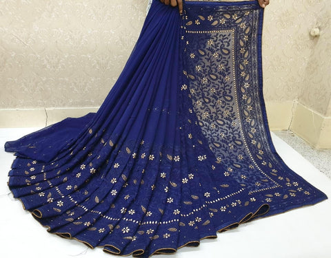 Pretty Navy Blue Color Fancy Diamond Embroidered Chain Work Piping Banglori Patta Saree Blouse