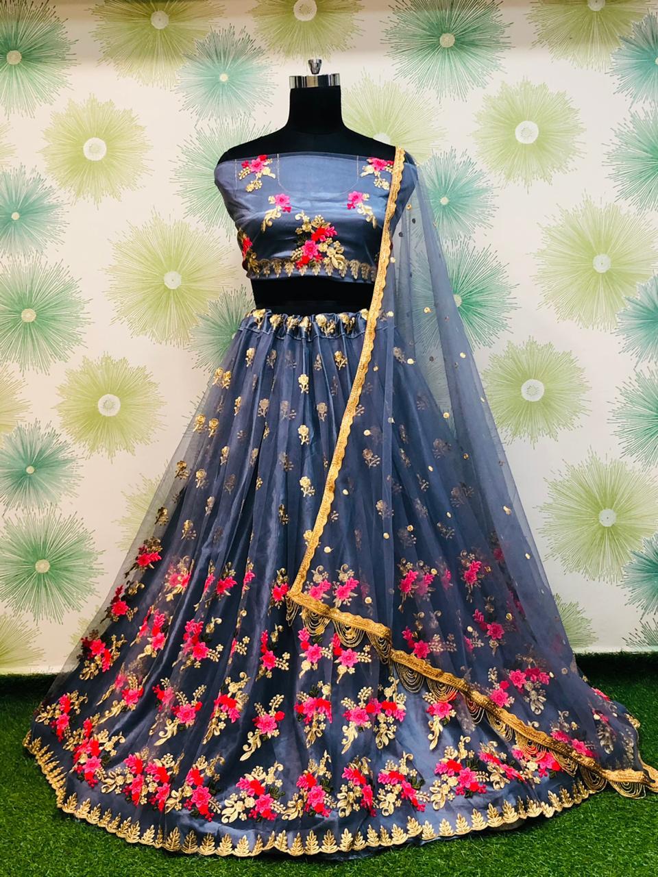 Sensational Grey Color Designer Net Embroidered Zari Thread Work Lehenga Choli