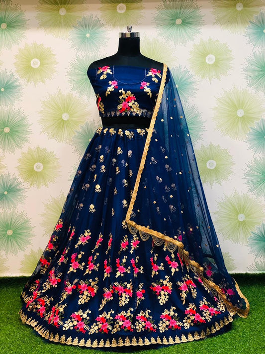 Radiant Navy Blue Color Designer Zari Thread Embroidered Work Net Function Wear Lehenga Choli