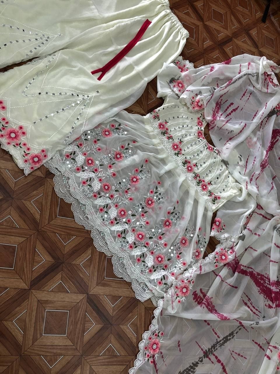 Knockout White Color Embroidered Printed Work Georgette Sharara Suit