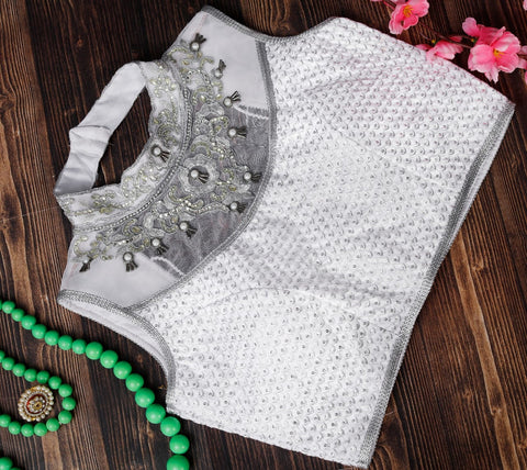 Striking White Color Designer Ready Made Banglori Silk Sequence Khatli Neck Work Wedding Wear