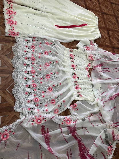 Knockout White Color Embroidered Printed Work Georgette Sharara Suit