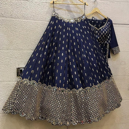 Amazaballs Navy Blue Color Bridal Wear Silk Embroidered Mirror Work Lehenga Choli