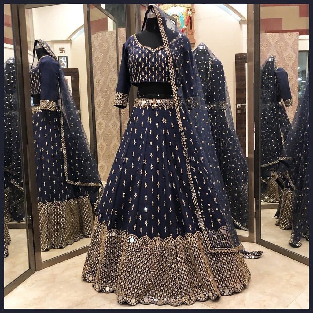 Amazaballs Navy Blue Color Bridal Wear Silk Embroidered Mirror Work Lehenga Choli