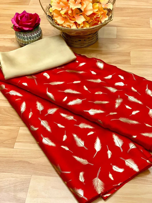 Perplexing Red Color Satin Georgette Foil Work Fancy Occasion Wear Saree Blouse