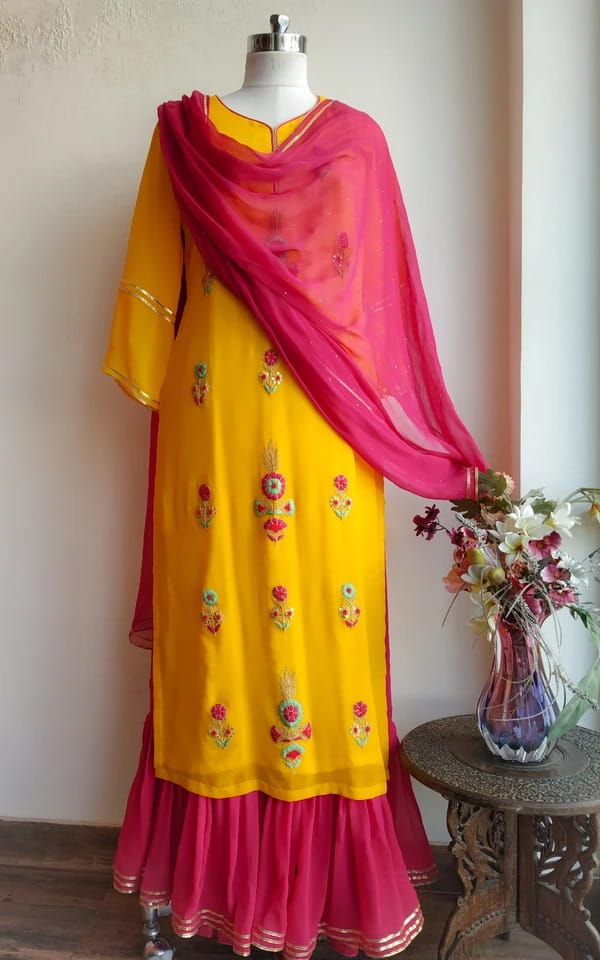 Bewitching Jazzy Yellow Color Festive Wear Georgette Thread Dori Hand Work Designer Sharara Salwar Suit