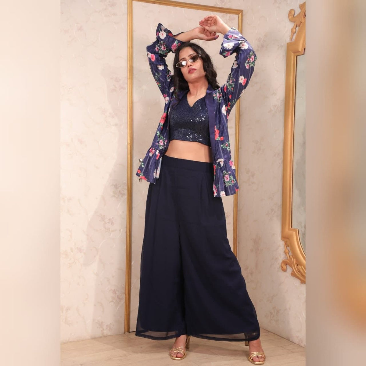 Majesty Navy Blue Color Designer Georgette Printed Indo Western