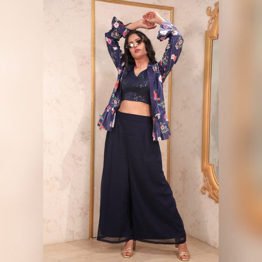 Majesty Navy Blue Color Designer Georgette Printed Indo Western