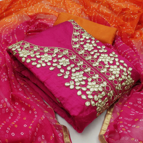 Charming Rani Pink Color Fancy Semi Modal Chanderi Gotta Patti Work Salwar Suit