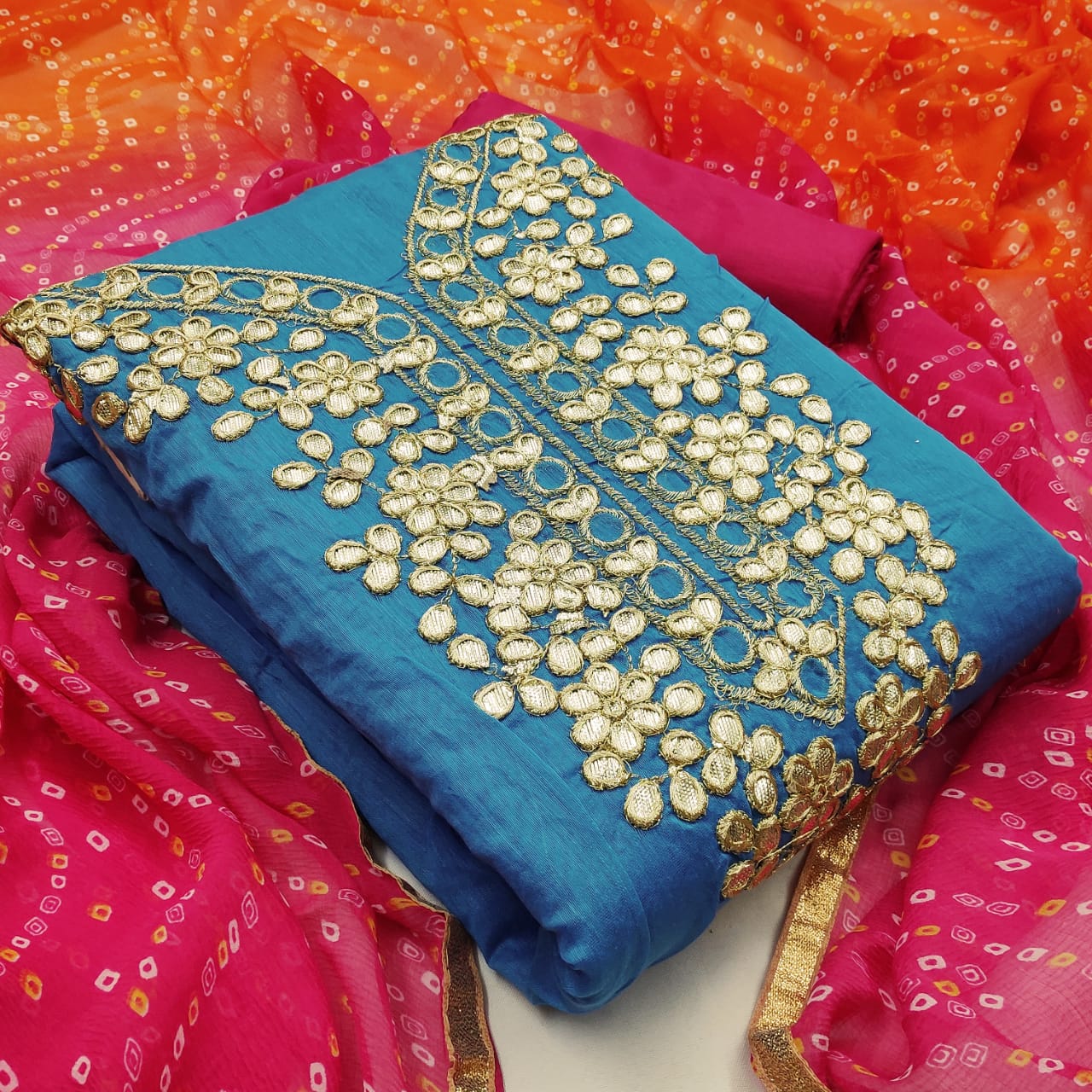 Alluring Sky Blue Color Party Wear Gotta Patti Work Design Chanderi Semi Modal Salwar Suit