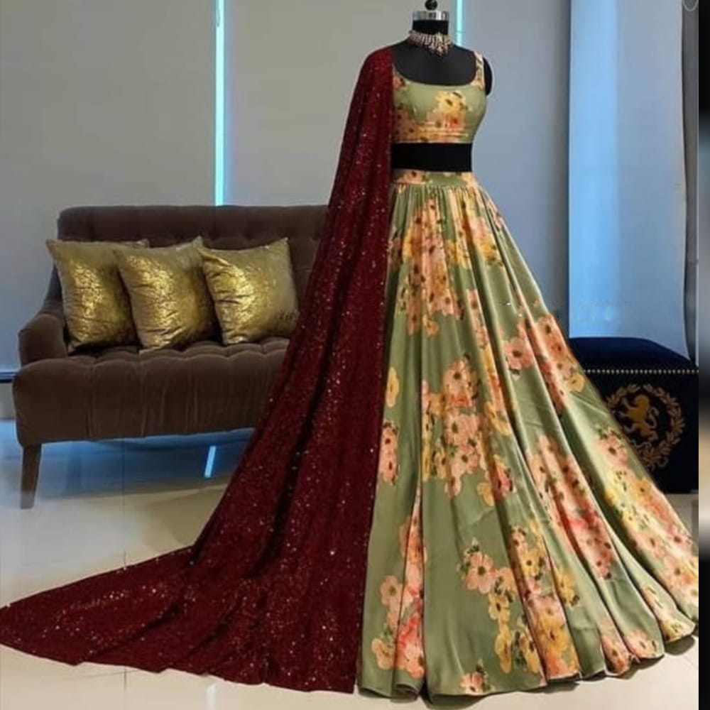 Exquisite Pista Green Color Wedding Wear Digital Printed Italian Silk Lehenga Choli