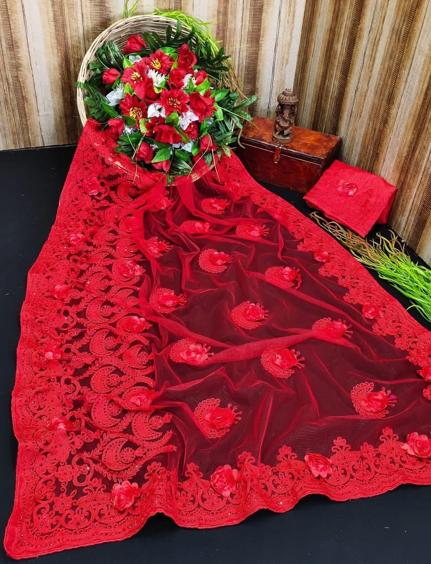 Striking Red Color Nylon Net Embroidered Work Wedding Wear Saree Blouse