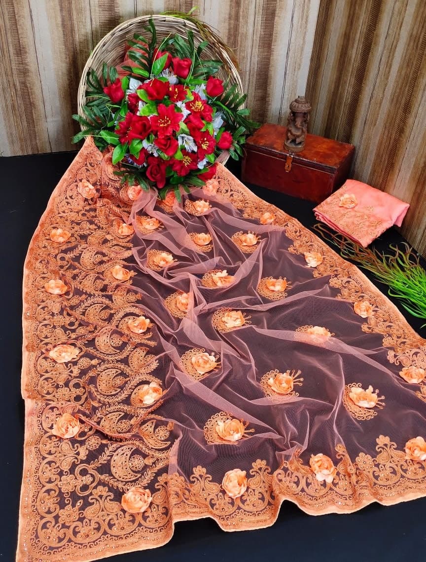 Preferable Peach Color Festival Wear Nylon Net Embroidered Work Saree Blouse