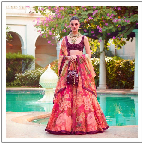 Gorgeous Pink Color Wedding Wear Designer Organza Digital Printed Lehenga Choli