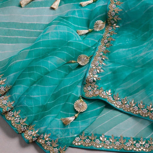 Jazzy Firozi Color Georgette Embroidered Work Function Wear Saree Blouse