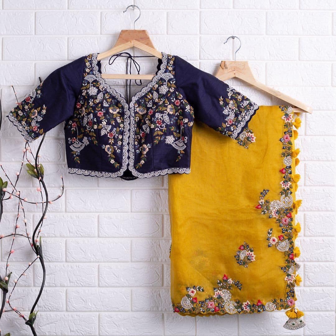 Graceful Yellow Color Organza Embroidered Work Wedding Wear Saree Blouse