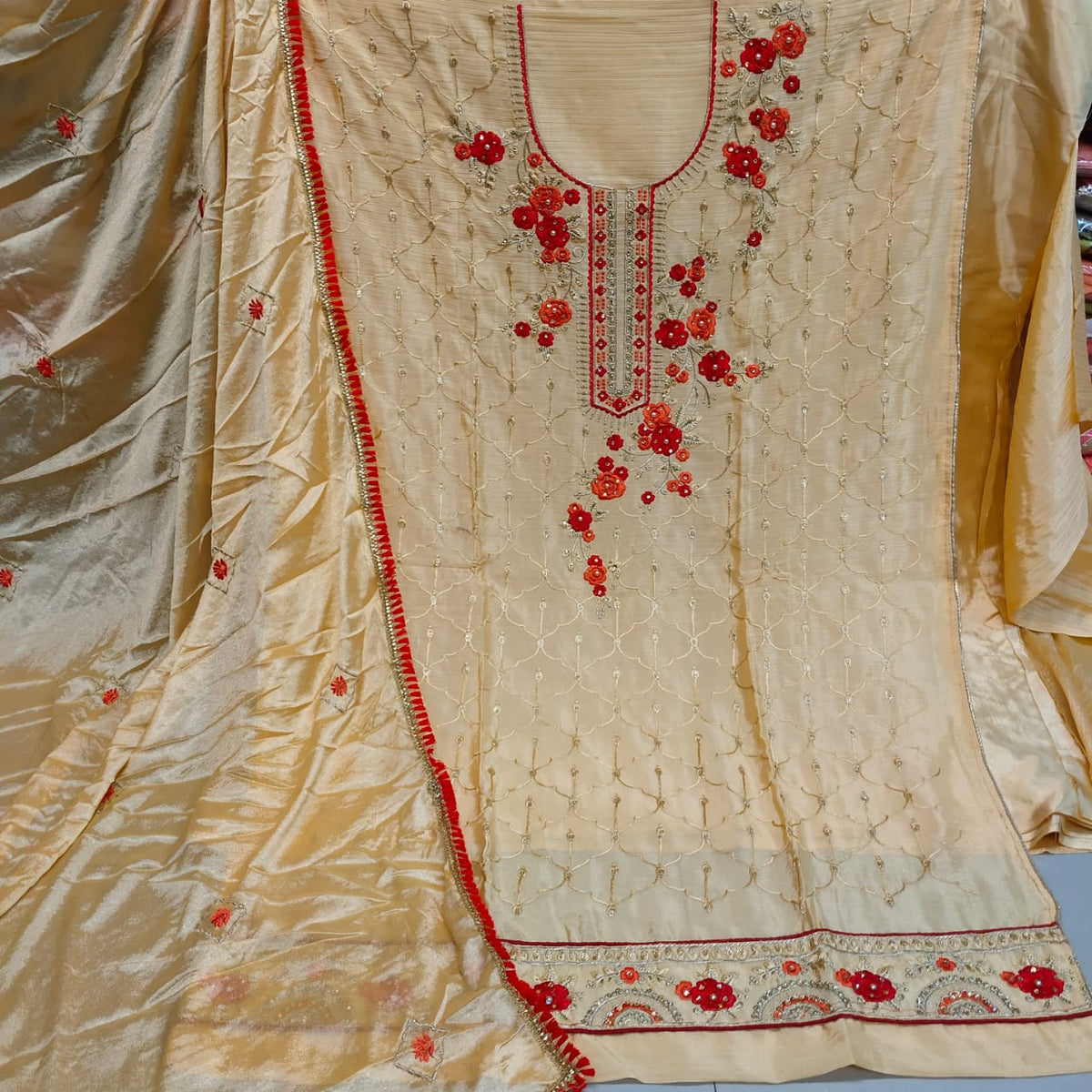 Bootylicious Cream Color Festive Wear Cinnon All Over Neck Machine Diamond Embroidered Work Daman Lace Salwar Suit