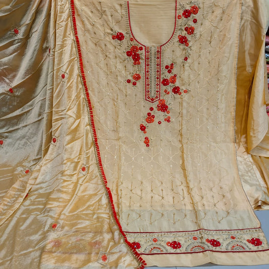 Bootylicious Cream Color Festive Wear Cinnon All Over Neck Machine Diamond Embroidered Work Daman Lace Salwar Suit