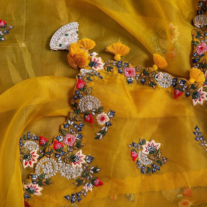 Graceful Yellow Color Organza Embroidered Work Wedding Wear Saree Blouse