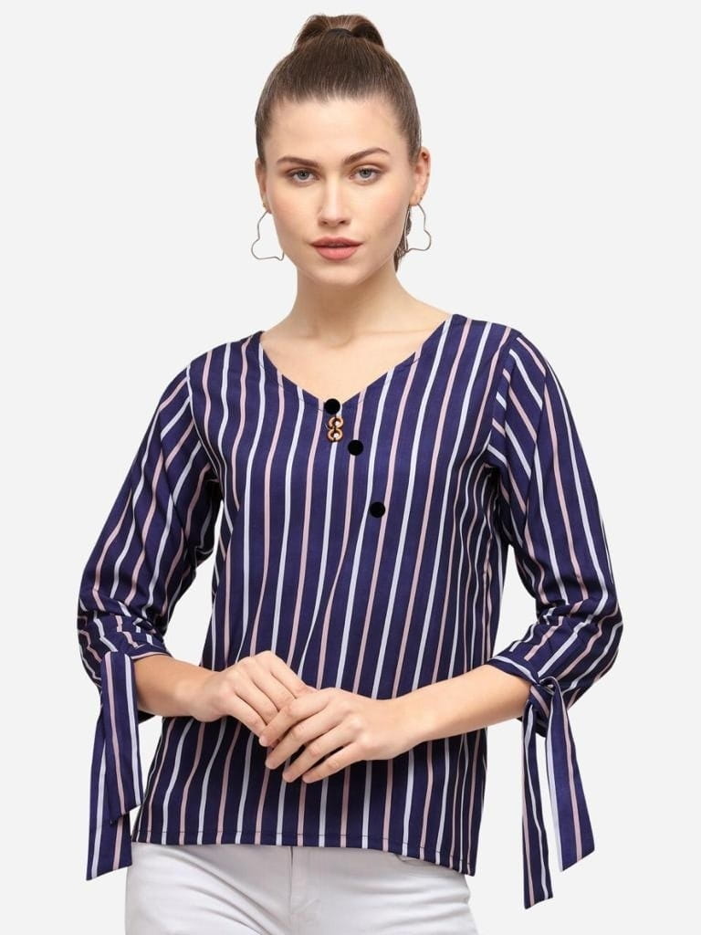 Stupendous Navy Blue Color Designer Digital Printed American Crape Western Wear Top