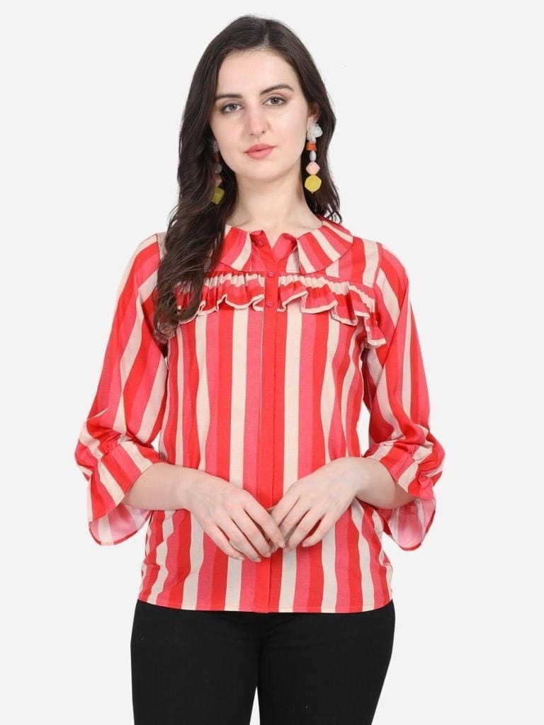 Party Wear Red Color Ready Made American Crape Printed Top For Women