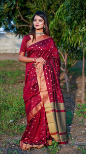 Remarkable Maroon Color Cotton Silk Fancy All Over Weaving Zari Design Saree Blouse
