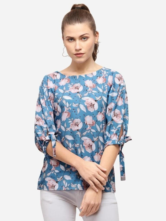 Pleasant Blue Color Digital Printed American Crape Ready Made Top