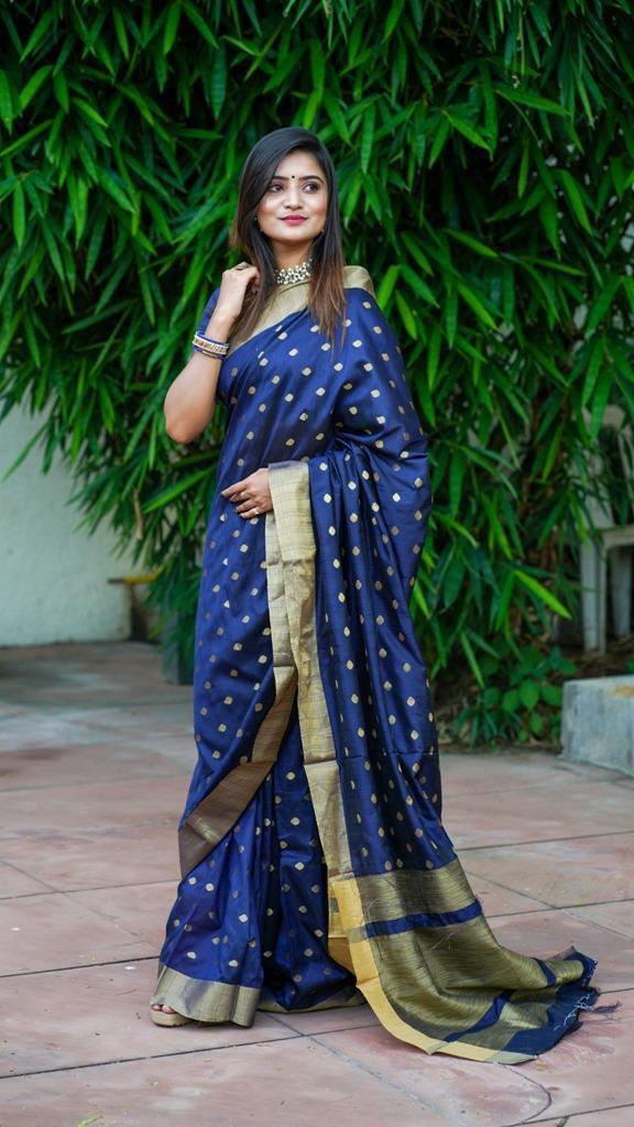 Amazing Dark Blue Color Function Wear Cotton Silk All Over Weaving Zari Design Saree Blouse