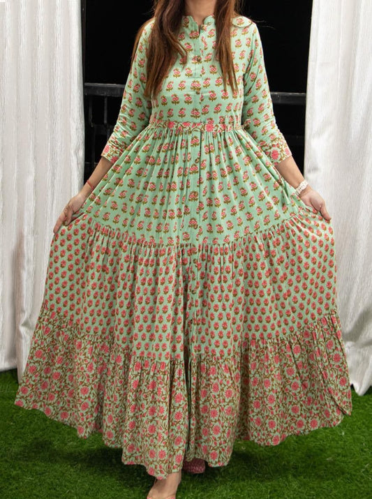 Energetic Sea Green Color Ready Made Digital Printed Cotton Gown