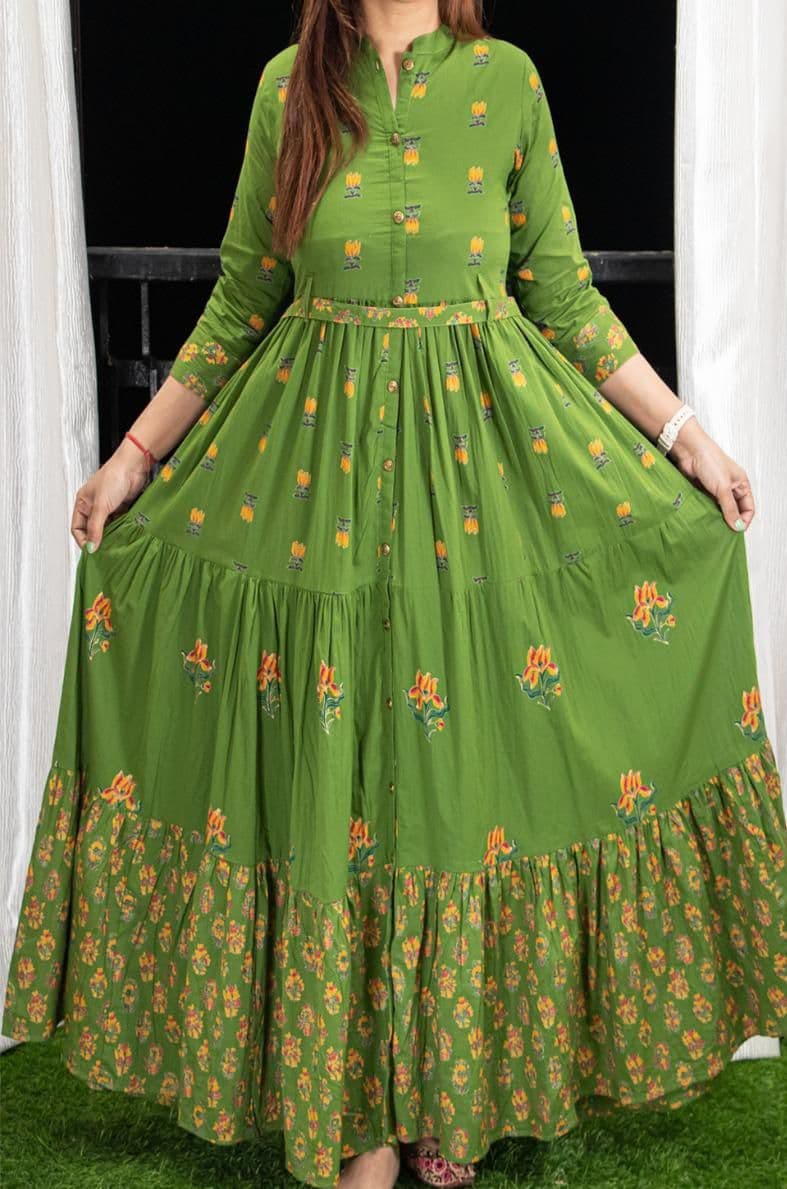 Amazaballs Green Color Full Stitched Cotton Digital Printed Design Gown