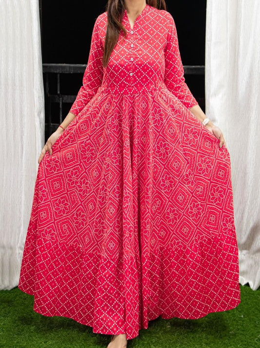 Demanding Pink Color Ready Made Digital Printed Fancy Cotton Gown For Ladies