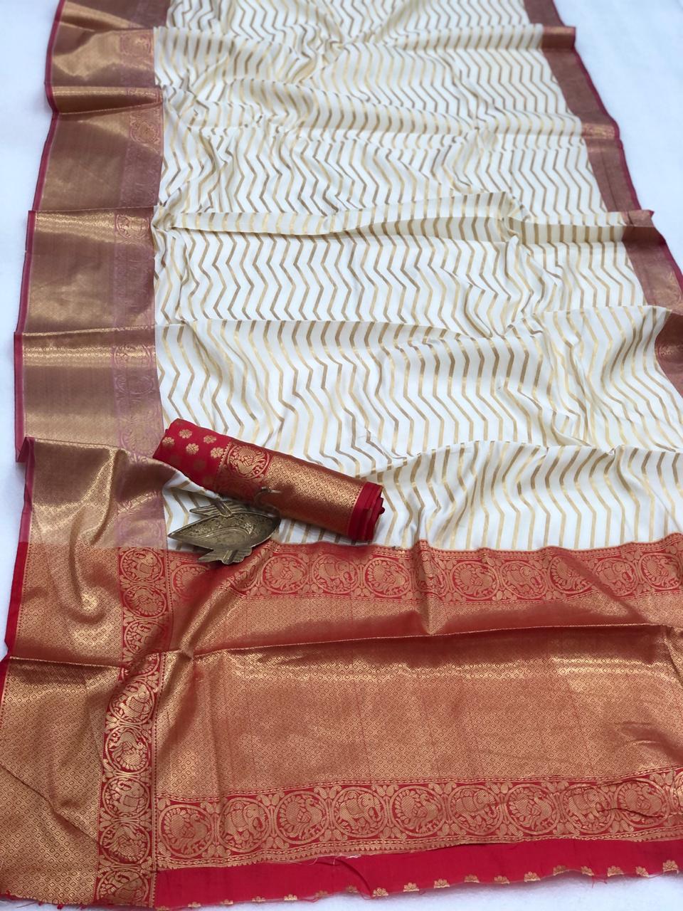 Splendid Function Wear Off White Color Silk Banarasi Zari Weaving All Over Rich Pallu Saree Blouse