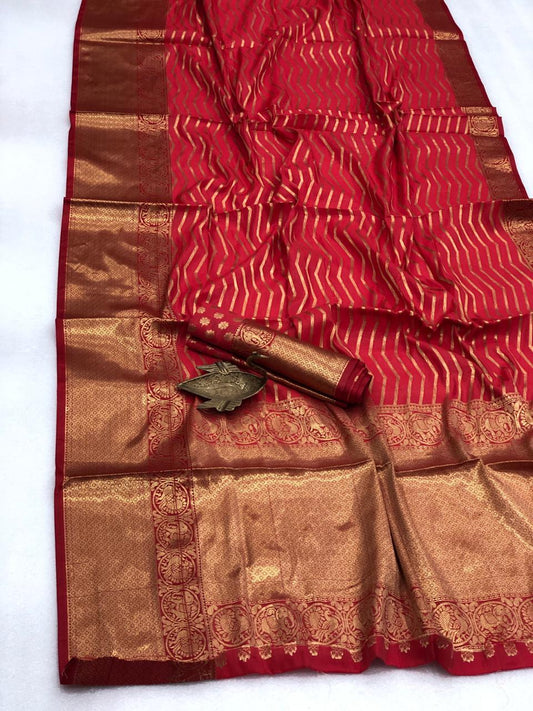 Breathtaking Red Color Occasion Wear Silk Banarasi Zari Weaving All Over Border Grand Pallu Saree Blouse